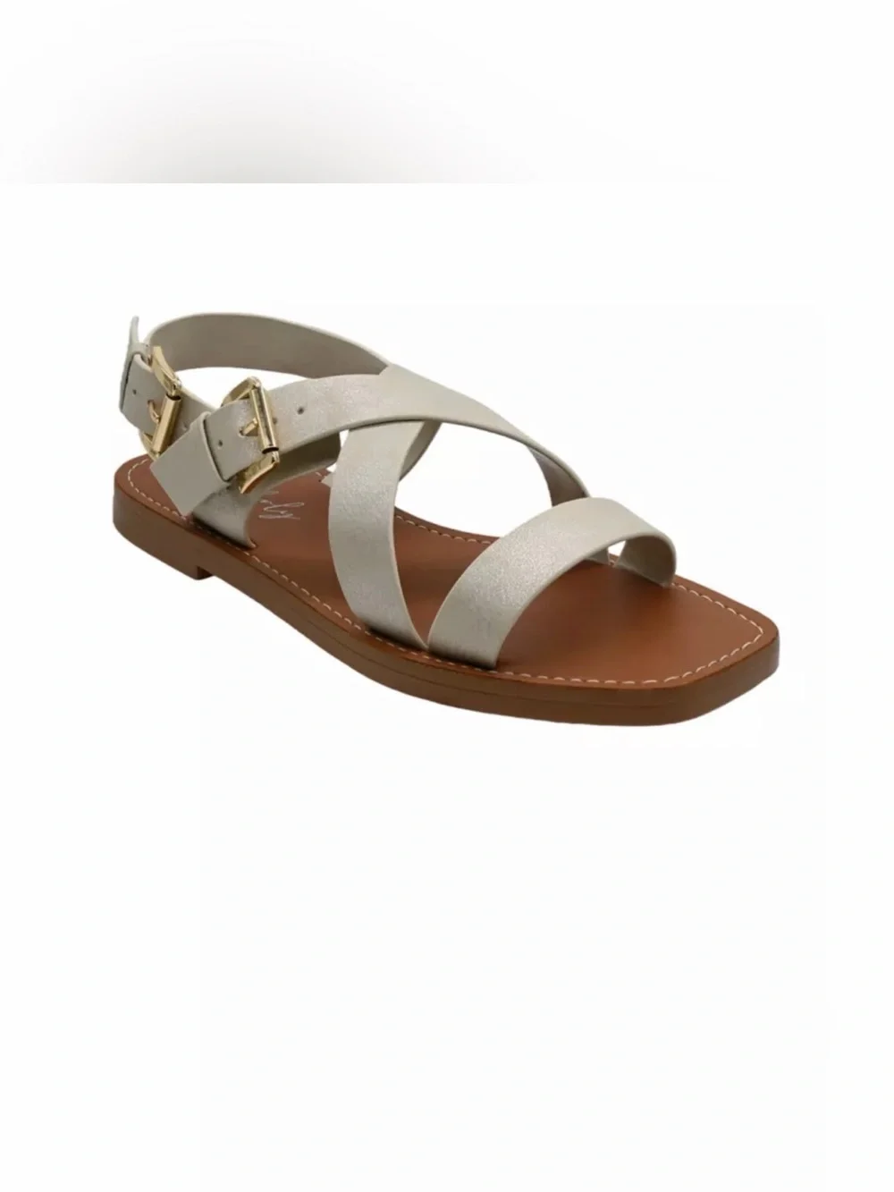 Lena Metallic Cream Crisscross Flat Sandal with Gold Buckles